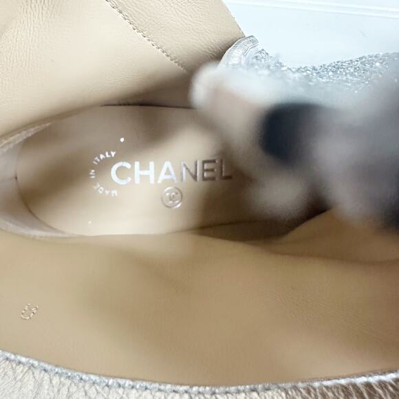 Chanel CC Sliver Glitter Ankle Boot Cap Toe Black Patent Bootie Milky Way Runway - Picture 9 of 16
